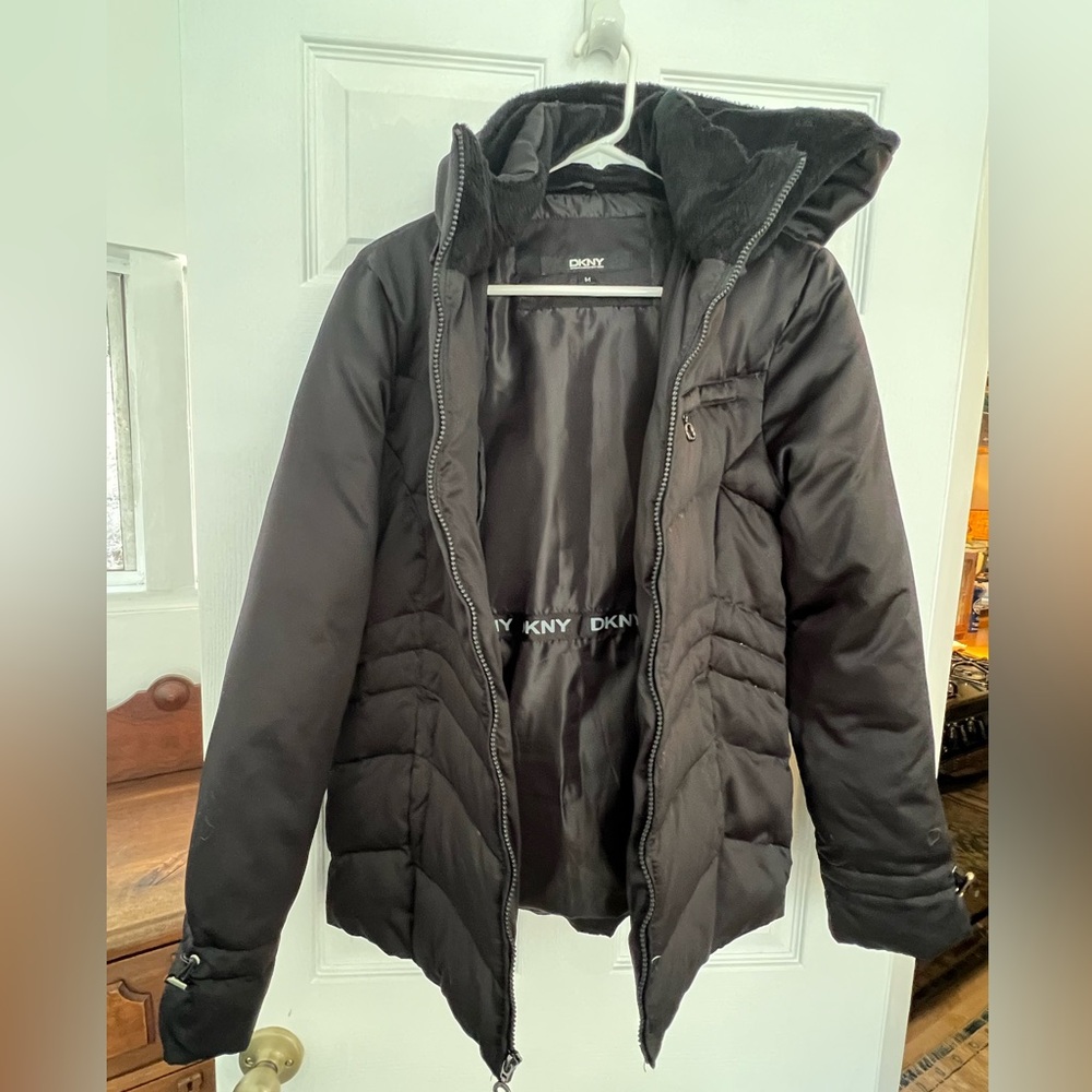 DKNY down puffer coat black detachable hood warm great condition